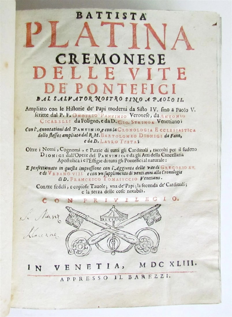 1643 BARTOLOMEO PLATINA LIVES of POPES antique 17th CENTURY ILLUSTRATED: Title: 1643 BARTOLOMEO PLATINA LIVES of POPES antique 17th CENTURY ILLUSTRATED Description: Platina Bartolomeo Delle vite de' pontefici dal Saluator nostro sino a Paolo II. In Venetia: appresso il