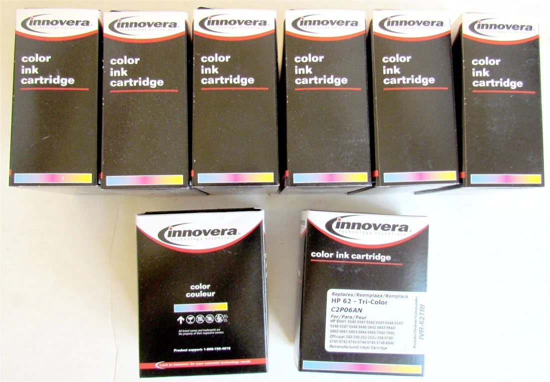 INK INKJET CARTRIDGE HP 62 TRI COLOR lot of 9 new sealed CINNOVERA replacement: Title: INK INKJET CARTRIDGE HP 62 TRI COLOR lot of 9 new sealed CINNOVERA replacement Description: Reserve: $35.00 Shipping: Domestic: Flat-rate of $25.00 to anywhere within the contiguous U.S.