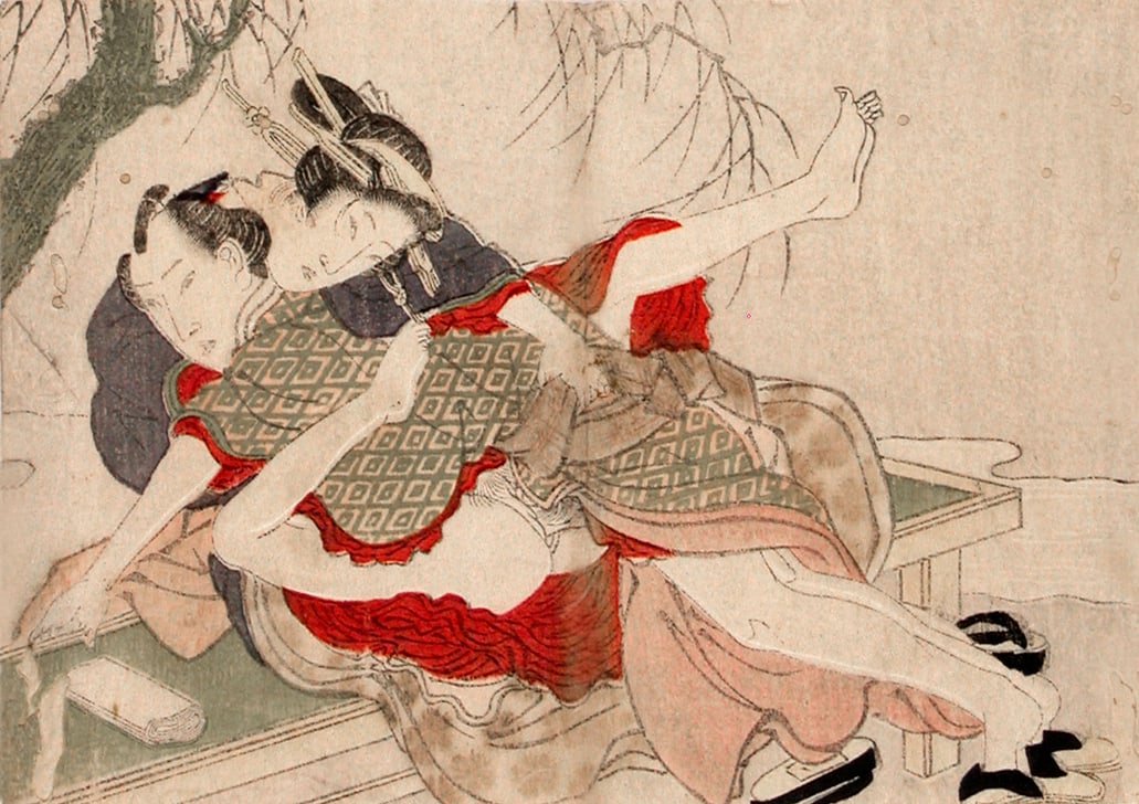 Anonymous - 2 prints: Couples: Artist: Anonymous - 2 prints Title:Couples Series: From a series of shunga prints Date:c. 1830s-50s Medium:woodblock print Size/Format:koban (c. 3.5" x 5") Description:The print depicting a couple in