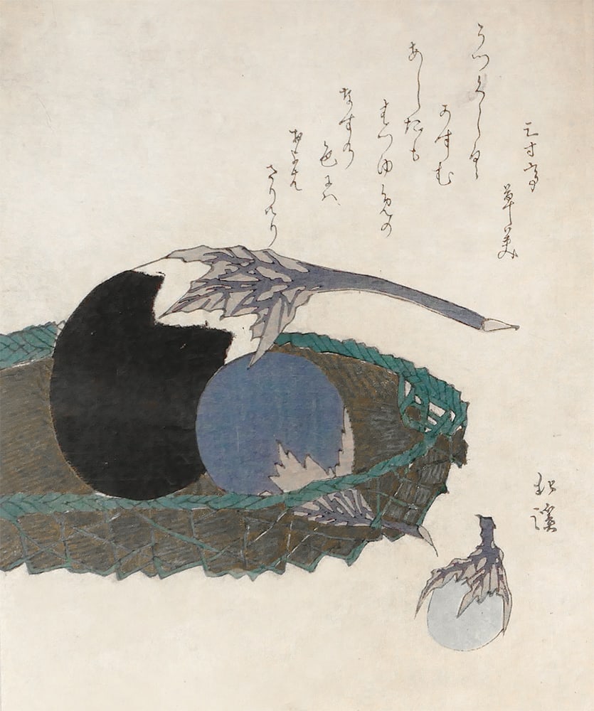 (after) Hokkei (1780-1850): Basket of eggplants: Artist: (after) Hokkei (1780-1850) Title:Basket of eggplants Series: (further reference on request) Publisher:Isakichi Tsumura, from the town of Akashi Date:1890s Medium:woodblock print