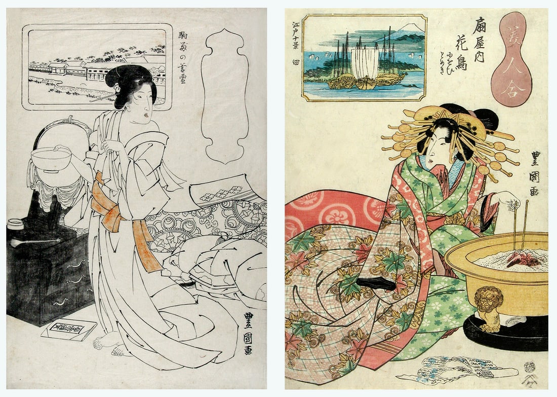 Utagawa TOYOKUNI II (1777-1835): Tsukuda and Hanatori of the House of Ogi-ya, and Evening snow in: Artist: Utagawa TOYOKUNI II (1777-1835) Title:Tsukuda and Hanatori of the House of Ogi-ya, and Evening snow in Komandome Series: Ten Views of Edo - Comparison of Beauties Publisher:Yamamoto-ya Heikich