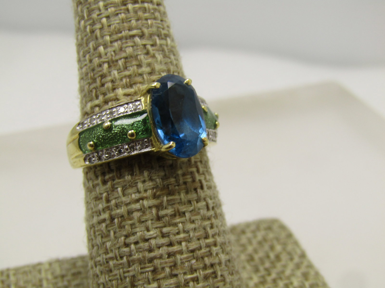 Vintage 14kt London Blue Topaz, Diamond, Enameled Ring, Sz. 8 - 2
