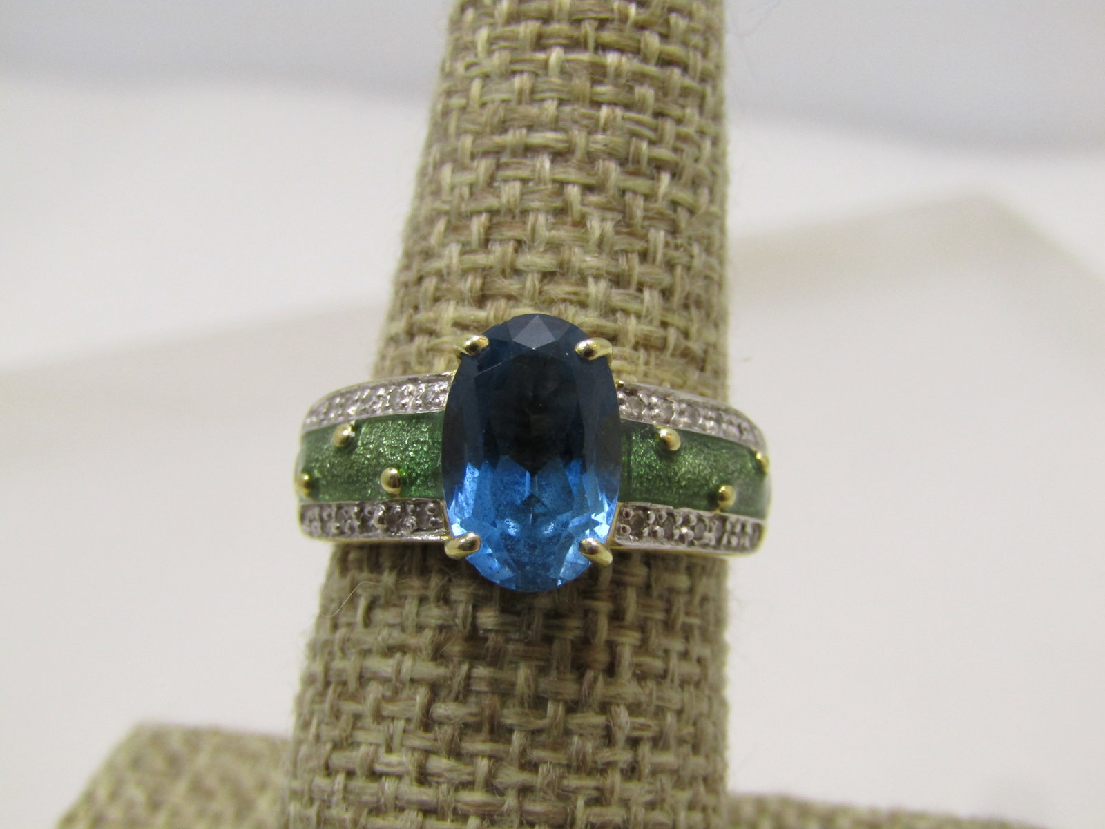 Vintage 14kt London Blue Topaz, Diamond, Enameled Ring, Sz. 8 - 3