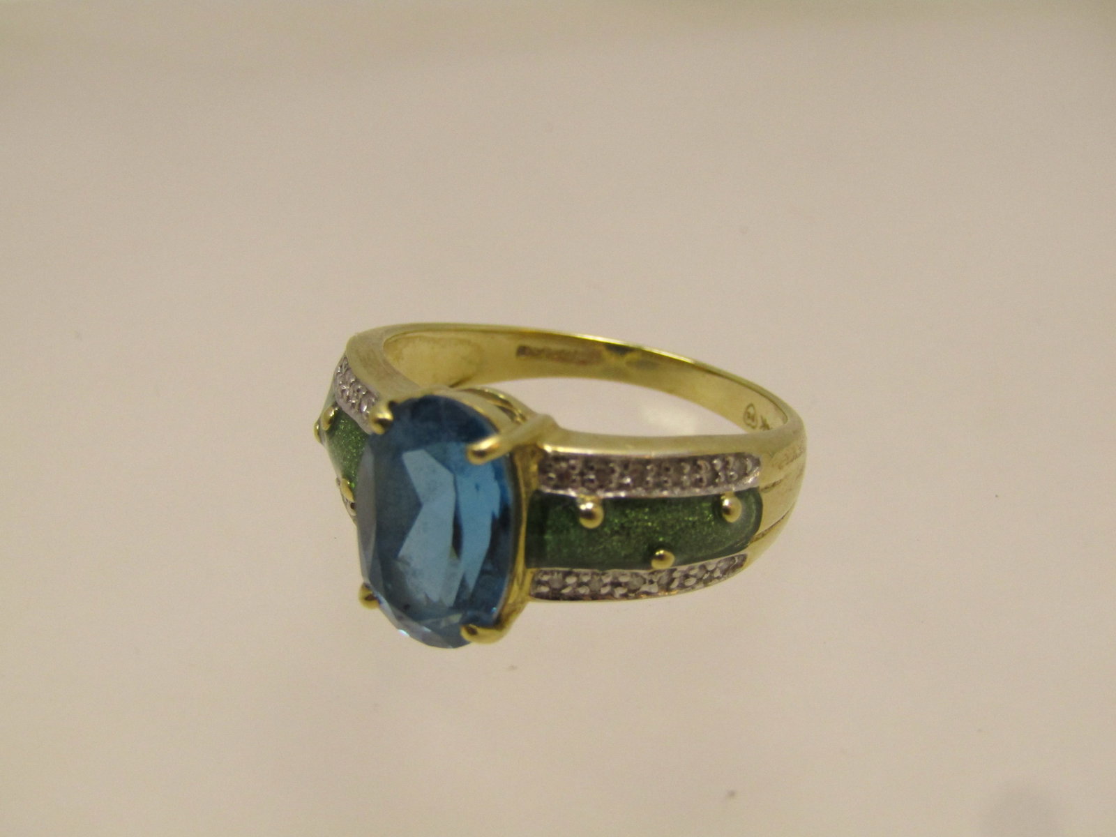 Vintage 14kt London Blue Topaz, Diamond, Enameled Ring, Sz. 8 - 4