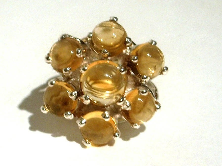 Sterling Silver Flower Cocktail Ring with Citrine Cabochons - 2