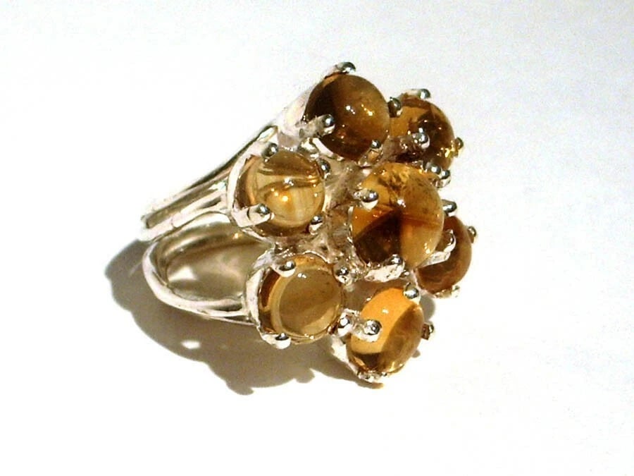 Sterling Silver Flower Cocktail Ring with Citrine Cabochons - 3
