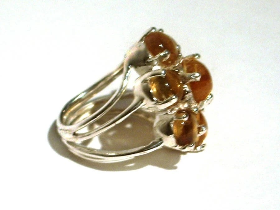 Sterling Silver Flower Cocktail Ring with Citrine Cabochons - 4