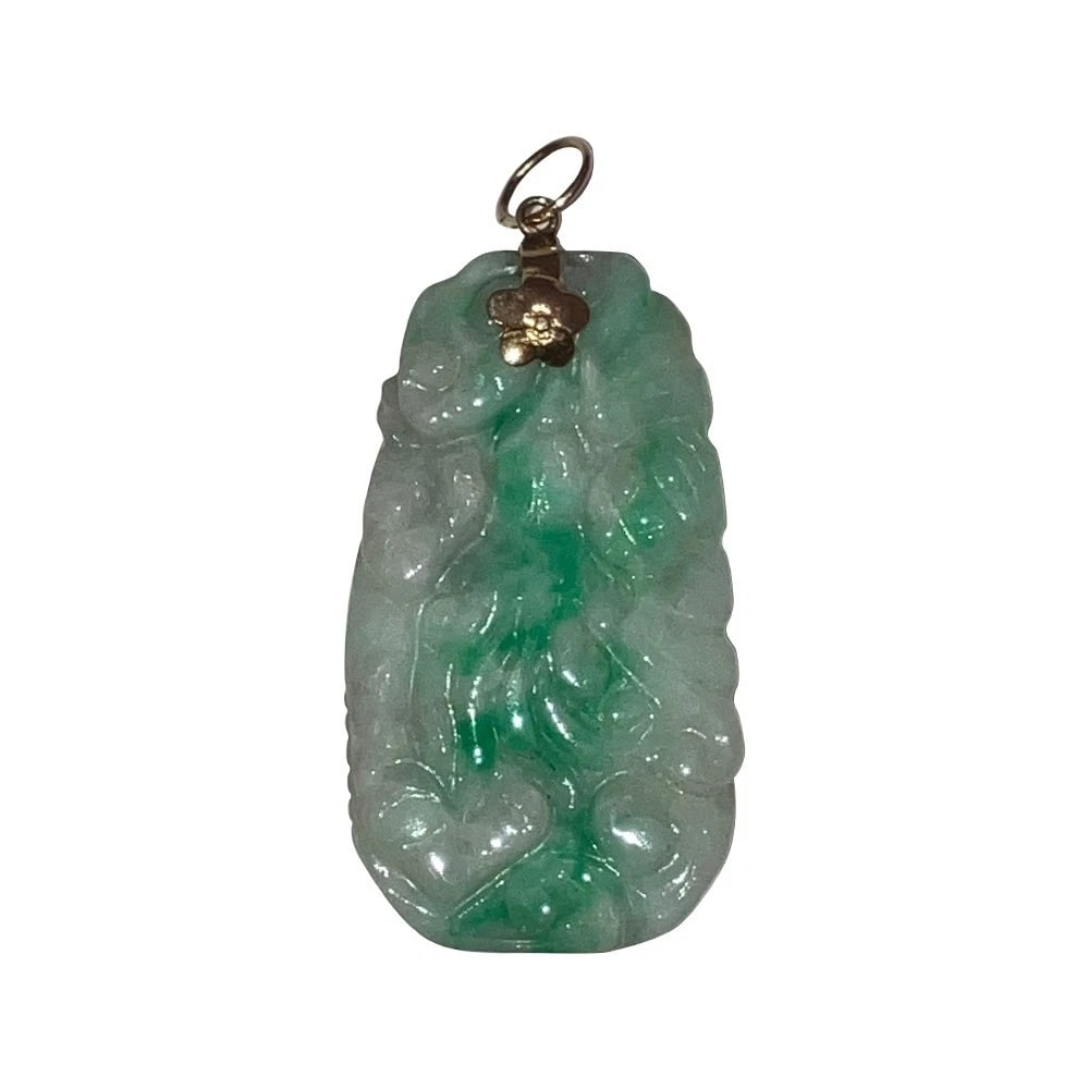 14 KT Gold Carved Imperial Apple Green Colorless Jadeite Jade Pendant - 2