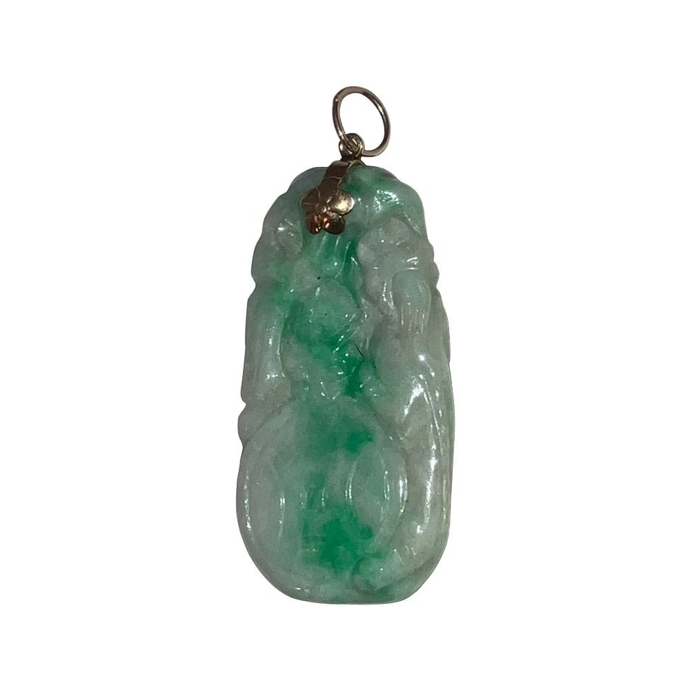 14 KT Gold Carved Imperial Apple Green Colorless Jadeite Jade Pendant - 3