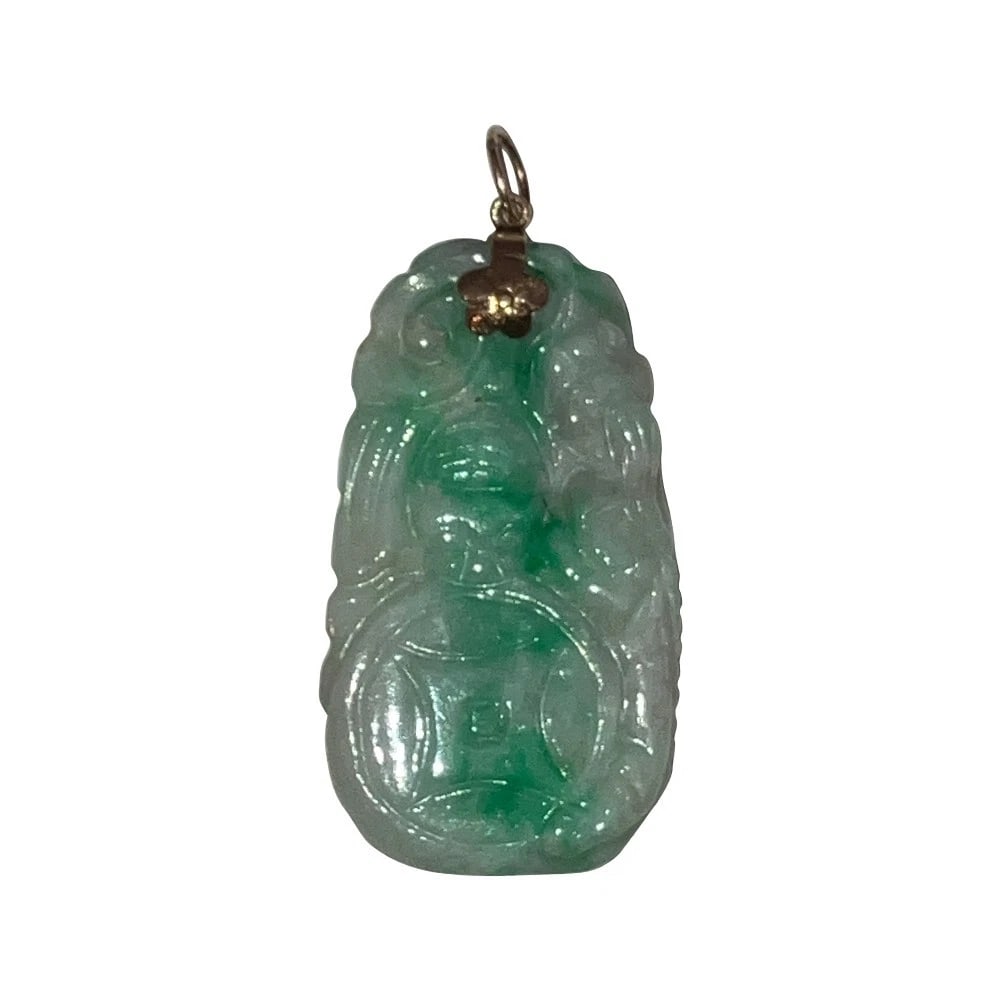 14 KT Gold Carved Imperial Apple Green Colorless Jadeite Jade Pendant - 5