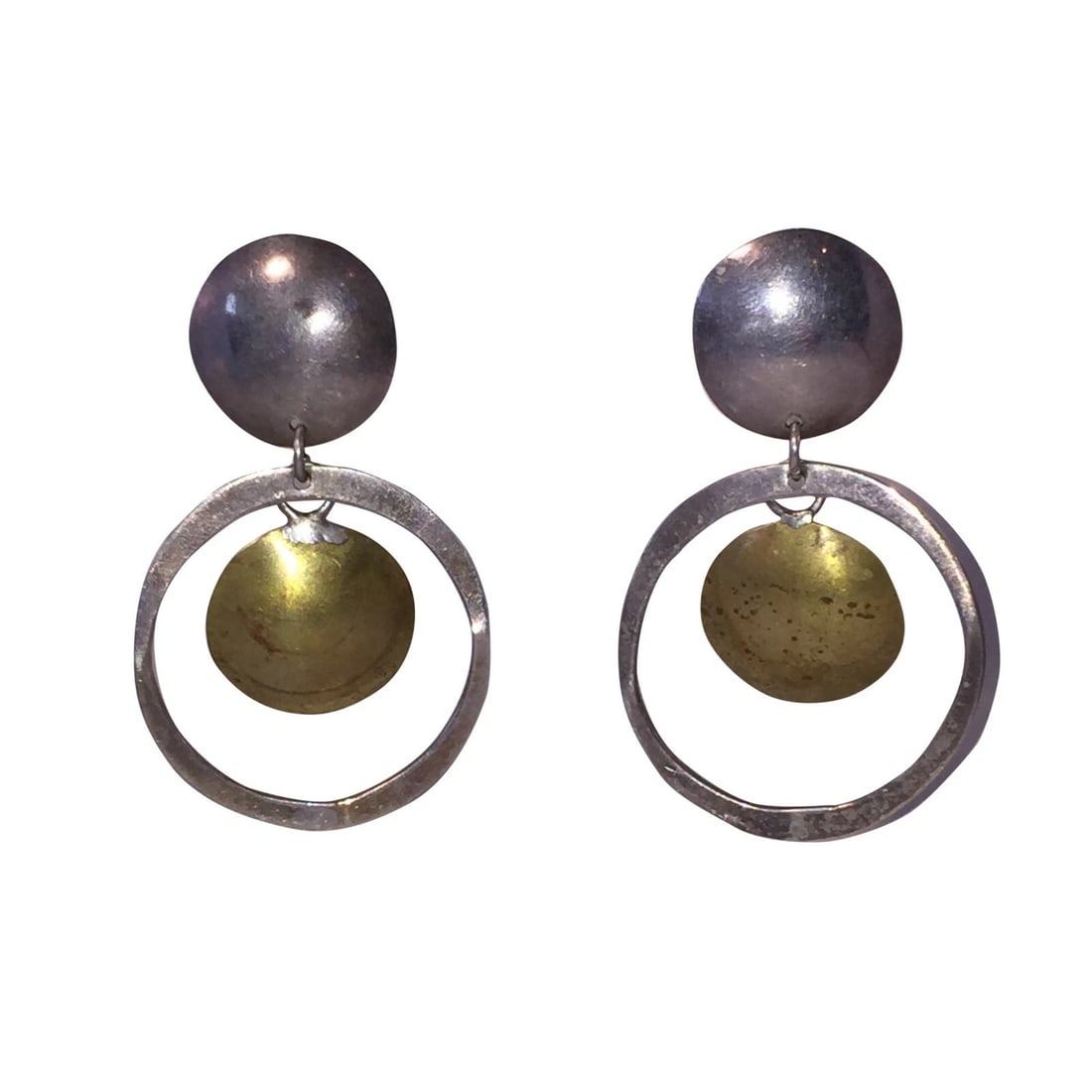 Mexican Brutalist Sterling & Brass Disc Hoop Earrings - 2