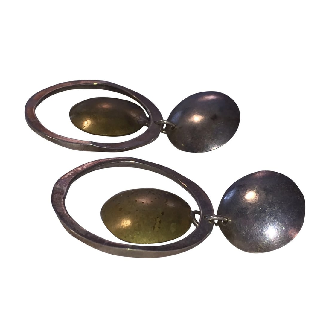 Mexican Brutalist Sterling & Brass Disc Hoop Earrings - 3