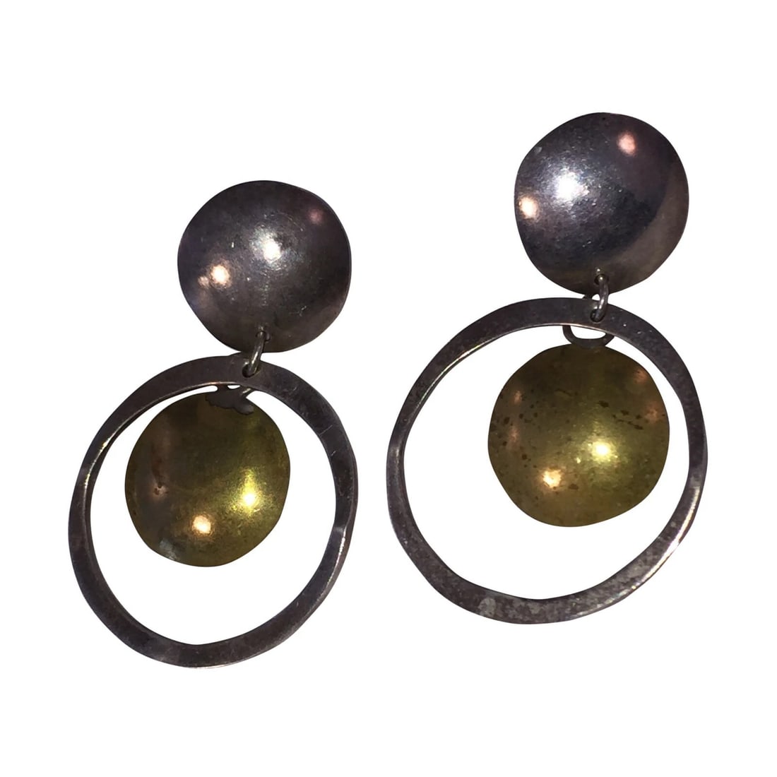 Mexican Brutalist Sterling & Brass Disc Hoop Earrings - 4
