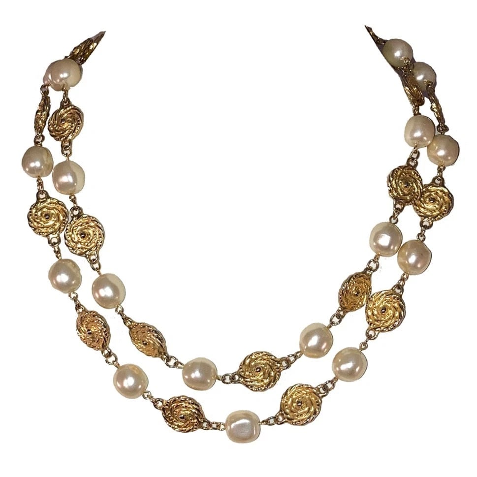 Vintage Costume Goldtone Swirl Station Necklace with Baroque Faux Pearl Beads - 2