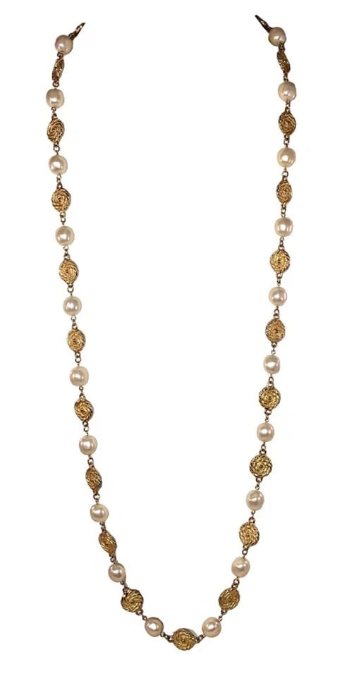 Vintage Costume Goldtone Swirl Station Necklace with Baroque Faux Pearl Beads - 3