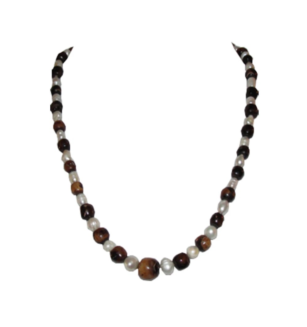 Mexican Black Coral Ball Bead and Freshwater Pearl Bead Necklace - 2