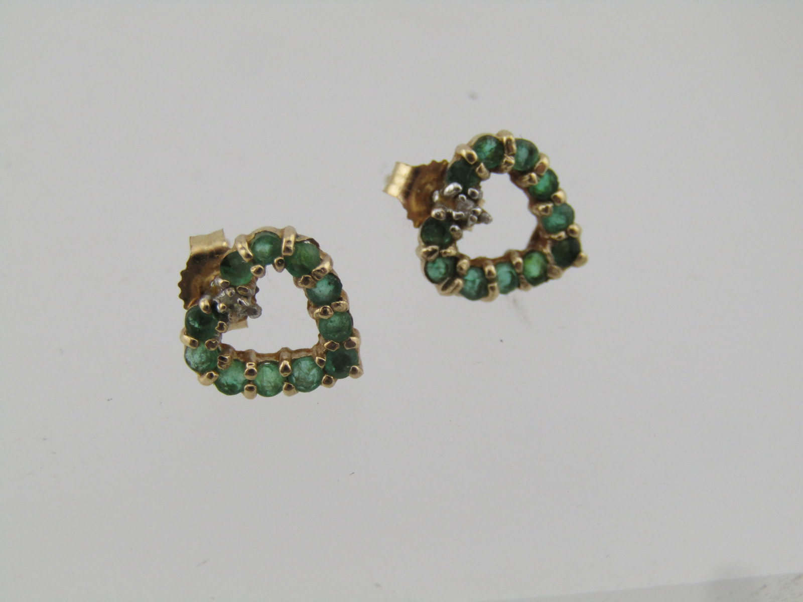 Vintage 10kt Emerald/Diamond Heart Framed Earrings, Pierced, 1970's-1980's - 4