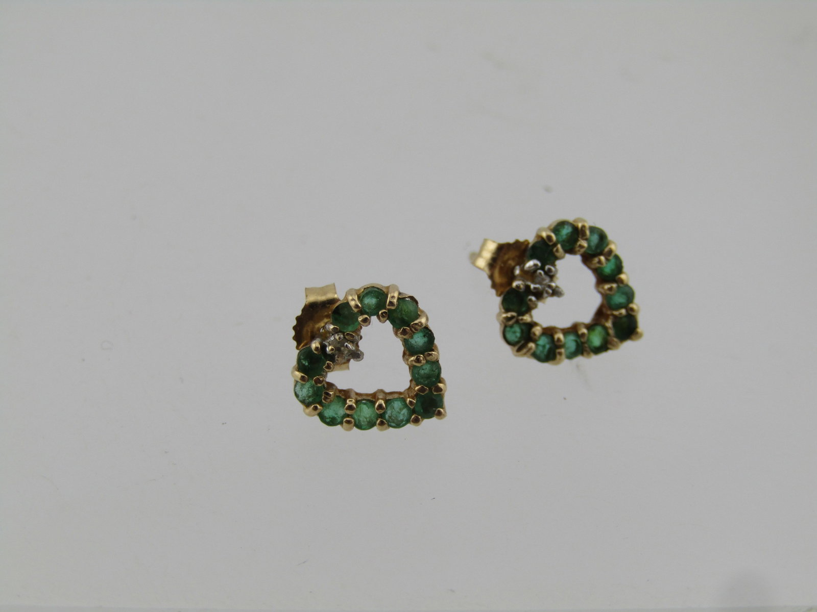 Vintage 10kt Emerald/Diamond Heart Framed Earrings, Pierced, 1970's-1980's - 6