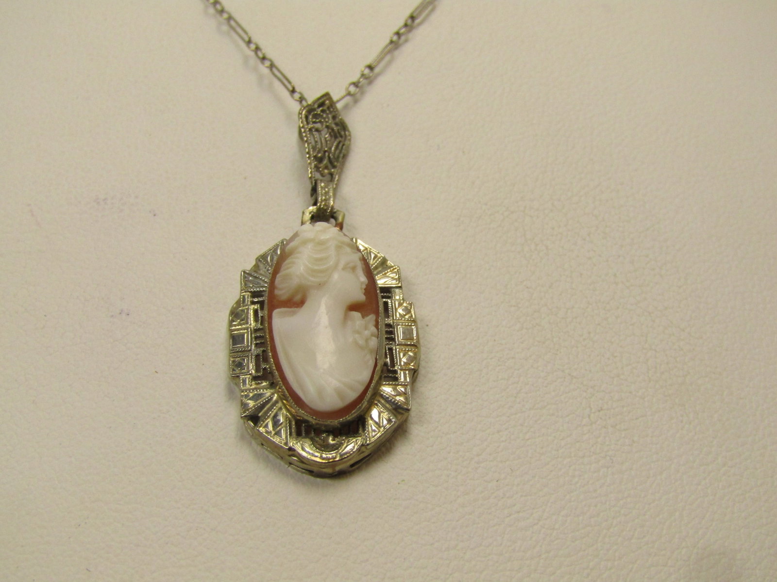 Antique 14kt Cameo Necklace, 15.5", White Gold, Very Early 1900's - 2