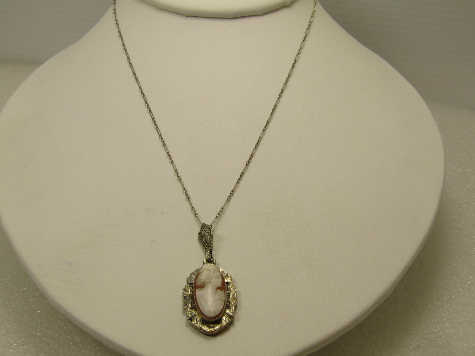 Antique 14kt Cameo Necklace, 15.5", White Gold, Very Early 1900's - 7
