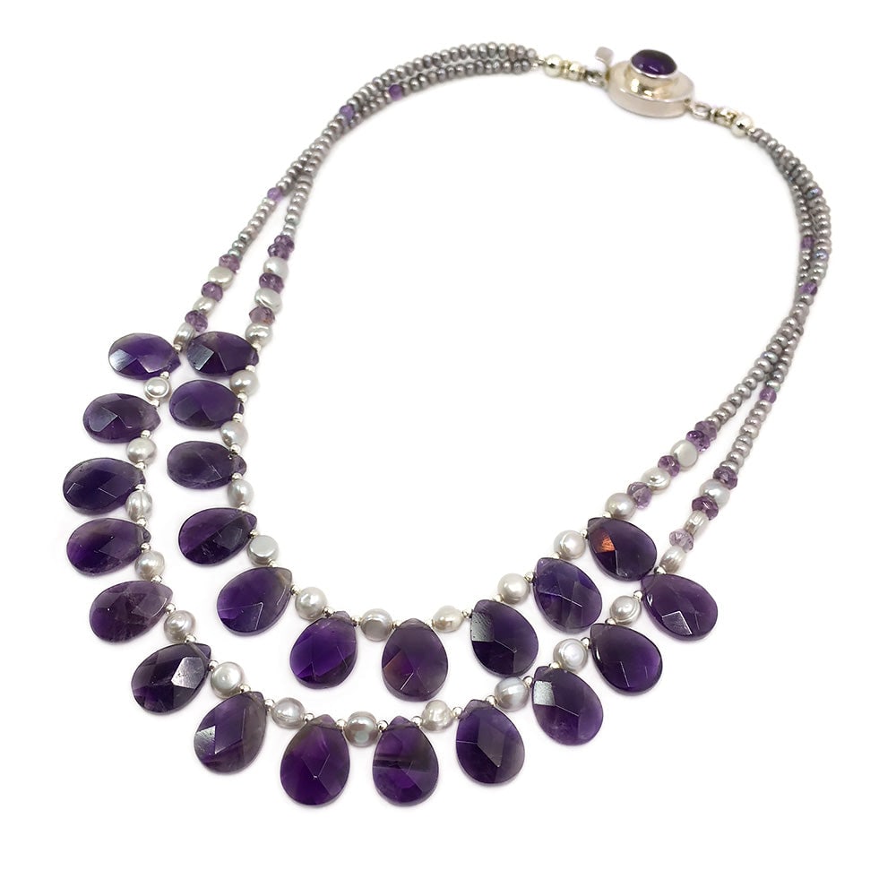 Amethyst and Pearl Double Strand Necklace-II - 2