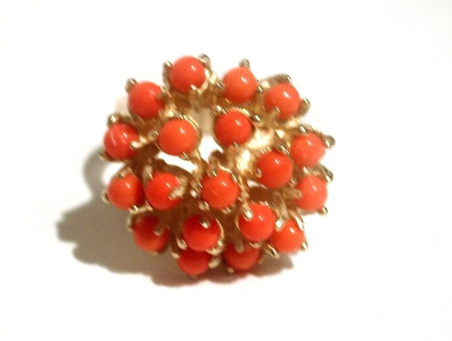 Round Cluster 18 kt Gold Vermeil Sterling Silver Cocktail Ring with Red Coral - 2
