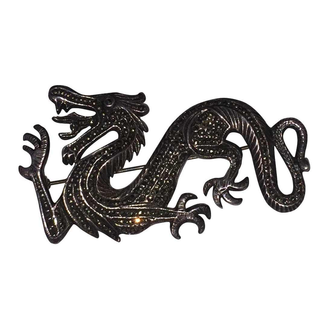 Vintage Sterling Silver Dragon Pave Marcasite Pin - 2
