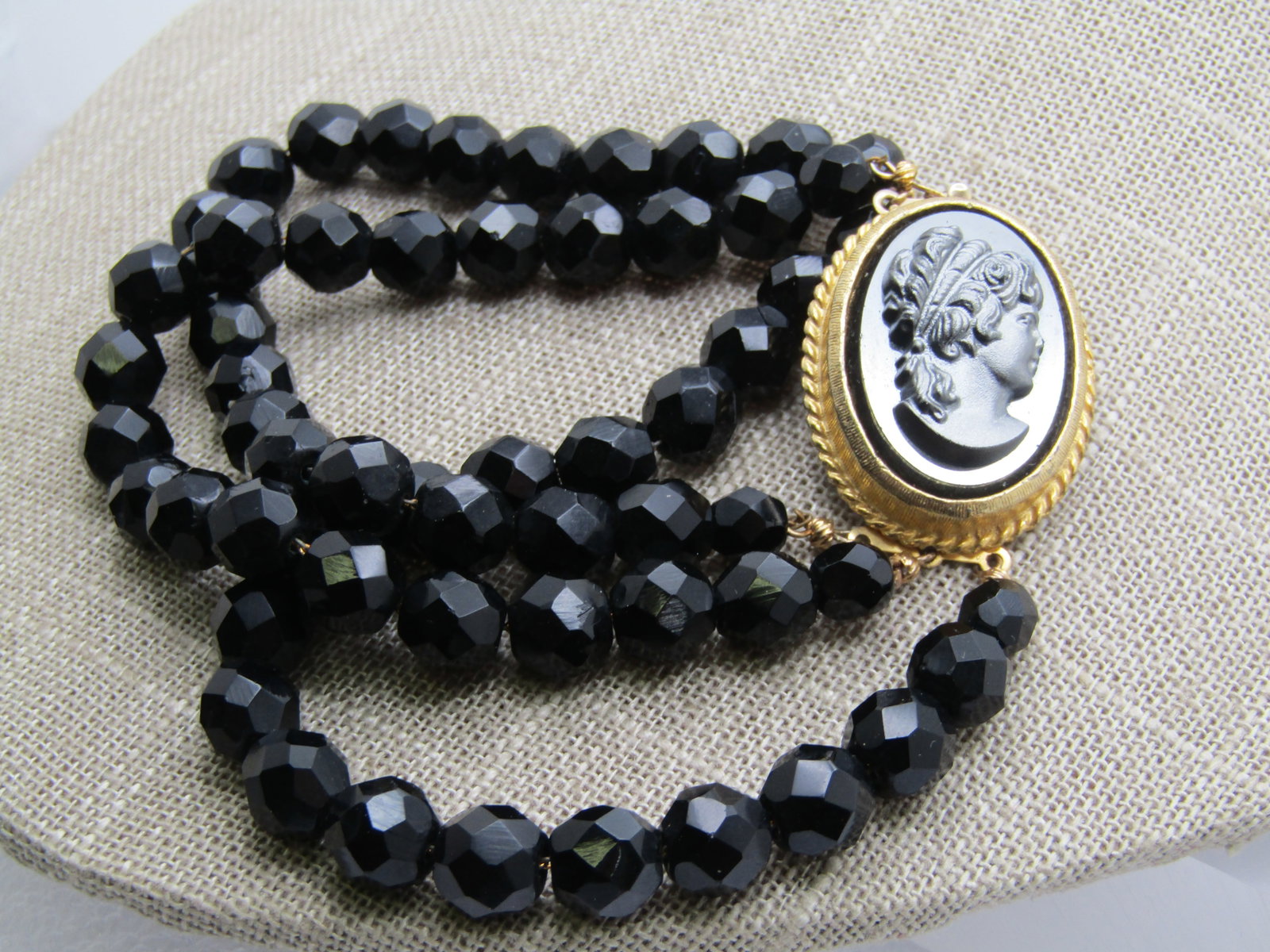 Vintage Black Glass Cameo Bracelet, 8", Triple Strand, 1960's-1970's - 2