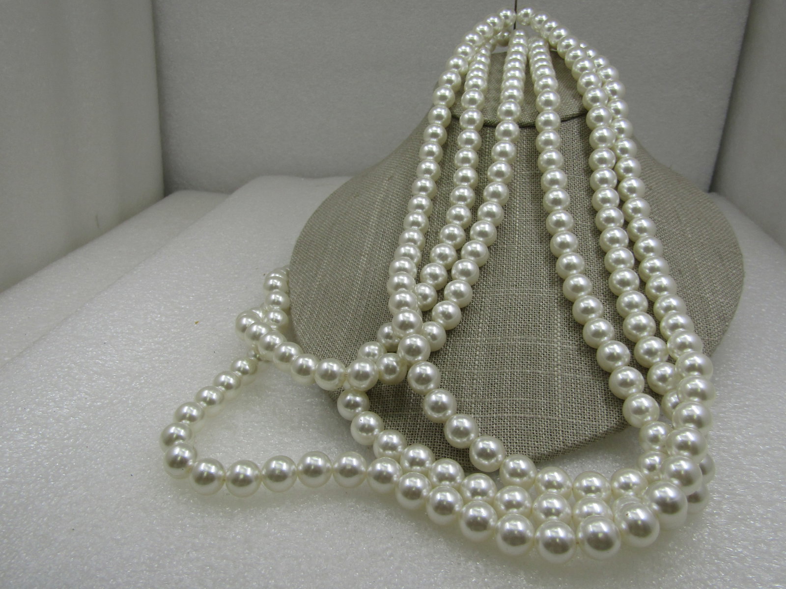 Vintage Pearl Necklace, Sterling Box Clasp. 88", 9.5mm White Faux Pearls - 3