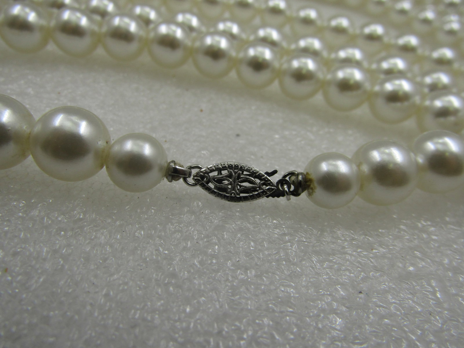 Vintage Pearl Necklace, Sterling Box Clasp. 88", 9.5mm White Faux Pearls - 6