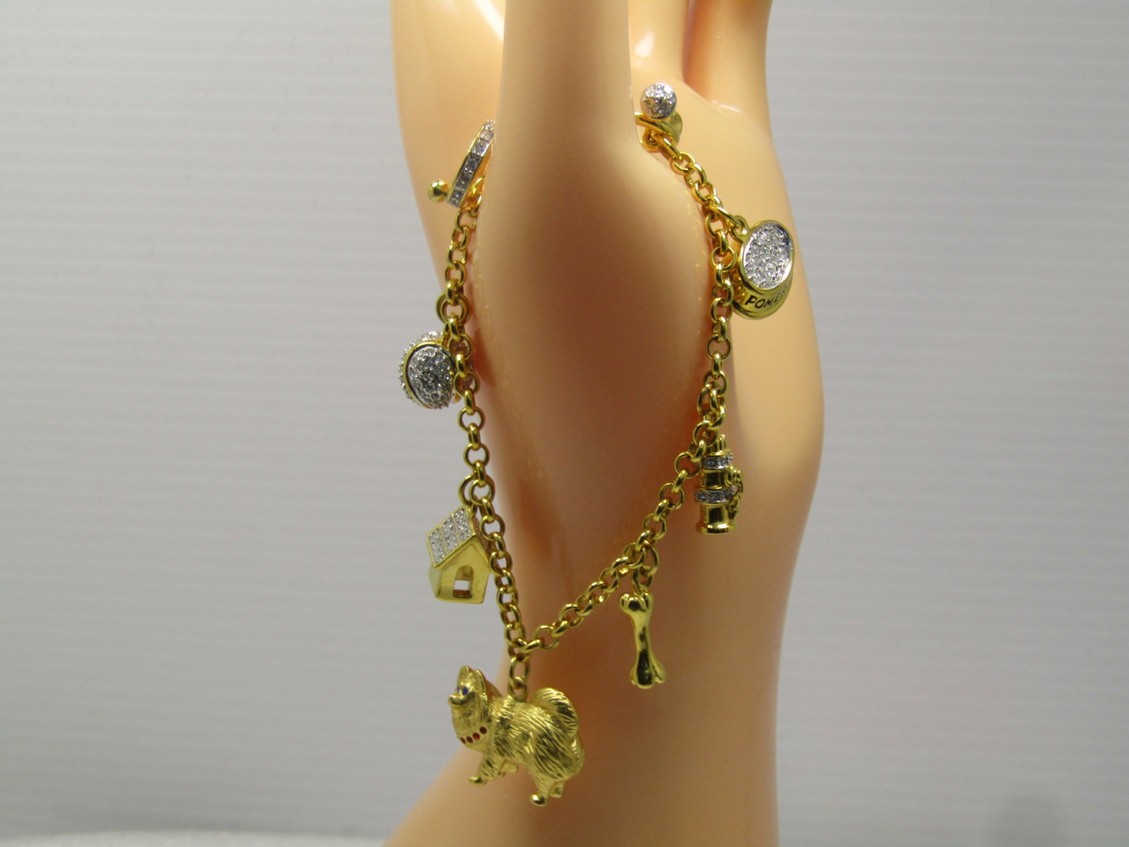 Vintage Pomeran Dog Charm Bracelet, Rhinestones, 7". 1990's, Signed - 6
