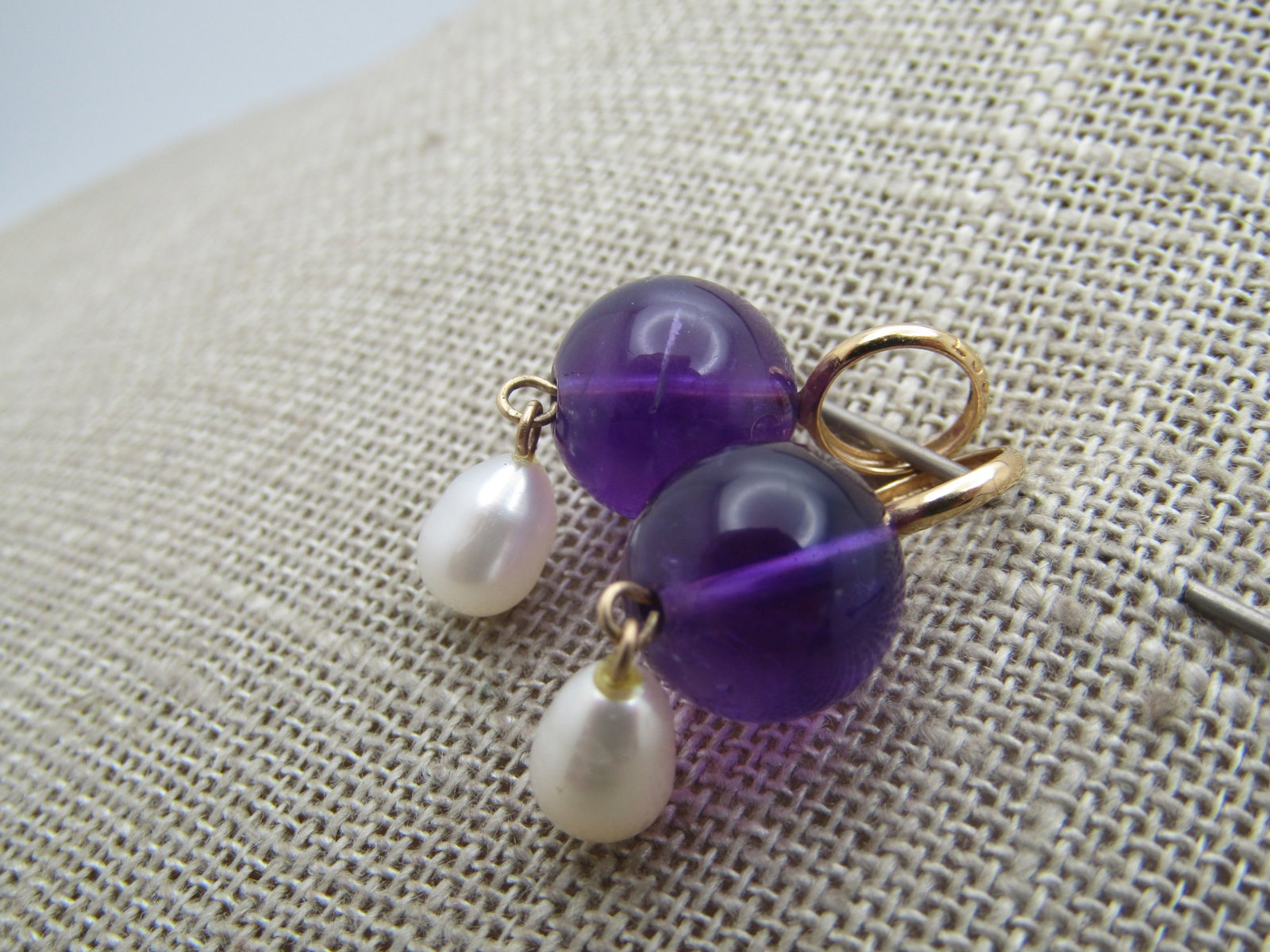 Vintage 14kt Amethyst & Freshwater Pearl Earring Drops/Pendants, Signed GSJ - 3