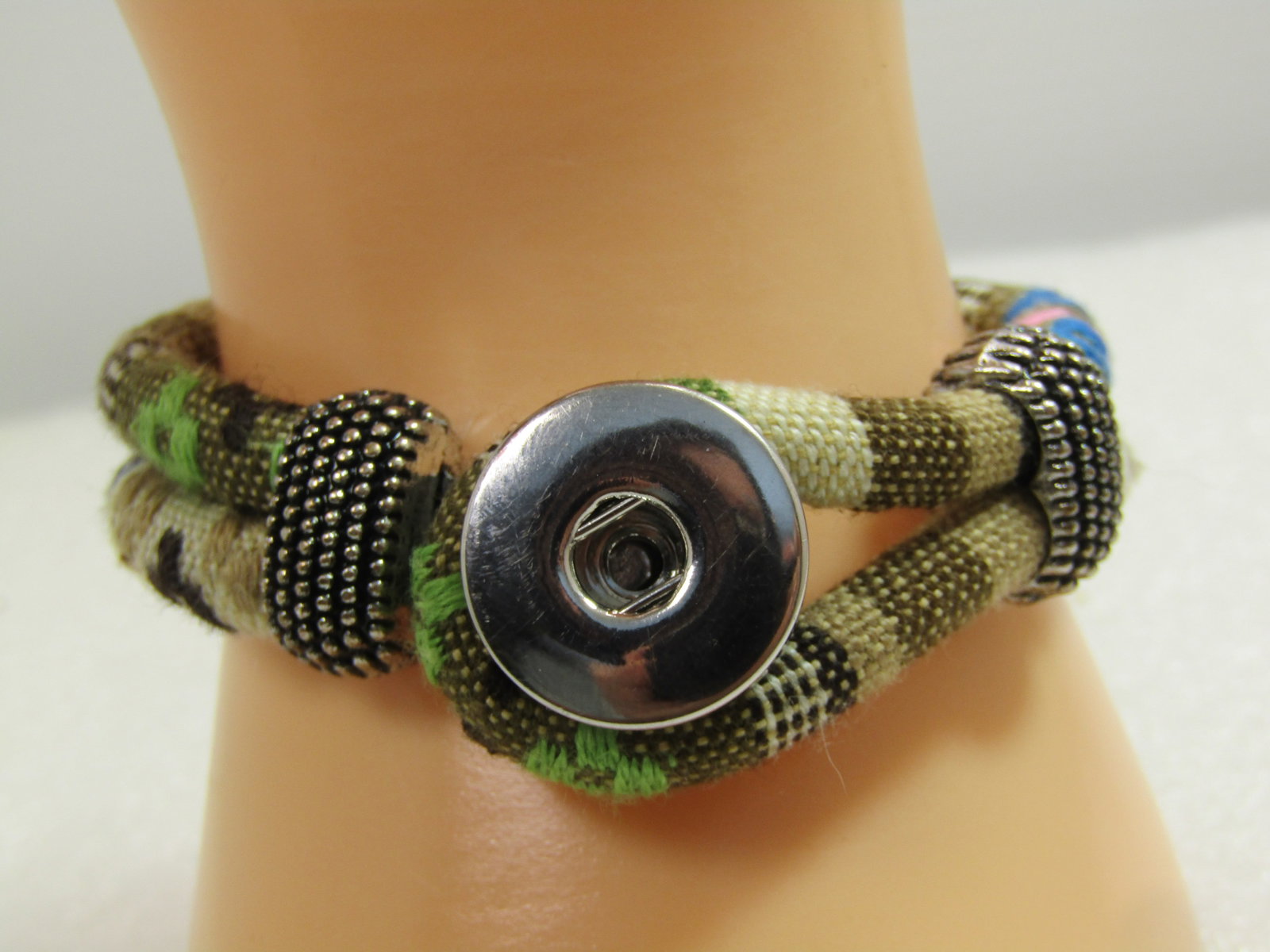 Woven Fabric Boho Bracelet, Double Strand, 6.5", 1990's-2000's: Title: Woven Fabric Boho Bracelet, Double Strand, 6.5", 1990's-2000's Description: Woven Fabric Boho Bracelet, Double Strand, 6.5", 1990's-2000's. This is in tan, off white, darker brown, green with
