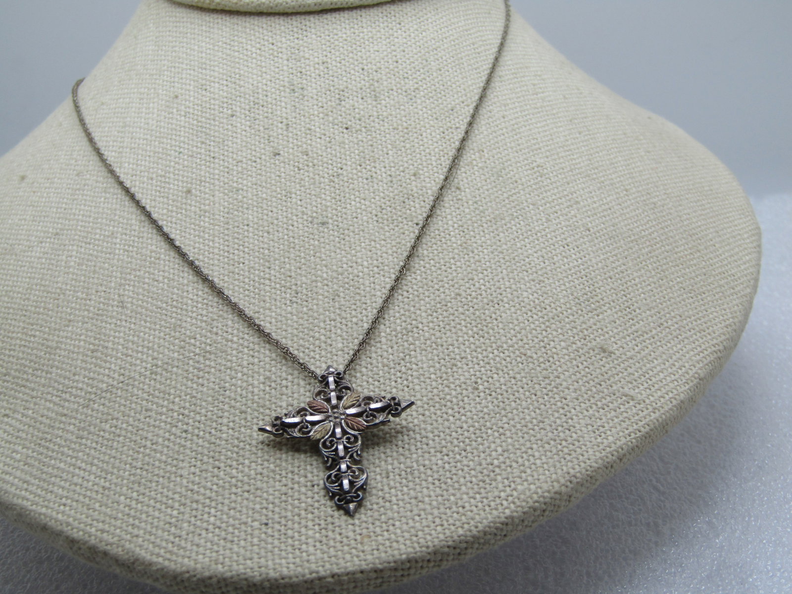 Vintage Sterling & 12kt Cross Necklace, Black Hills Gold, 18", 1980's-1990's, Signed: Title: Vintage Sterling & 12kt Cross Necklace, Black Hills Gold, 18", 1980's-1990's, Signed Description: Vintage Sterling & 12kt Cross Necklace, Black Hills Gold, 18", 1980's-1990's. the cross is a