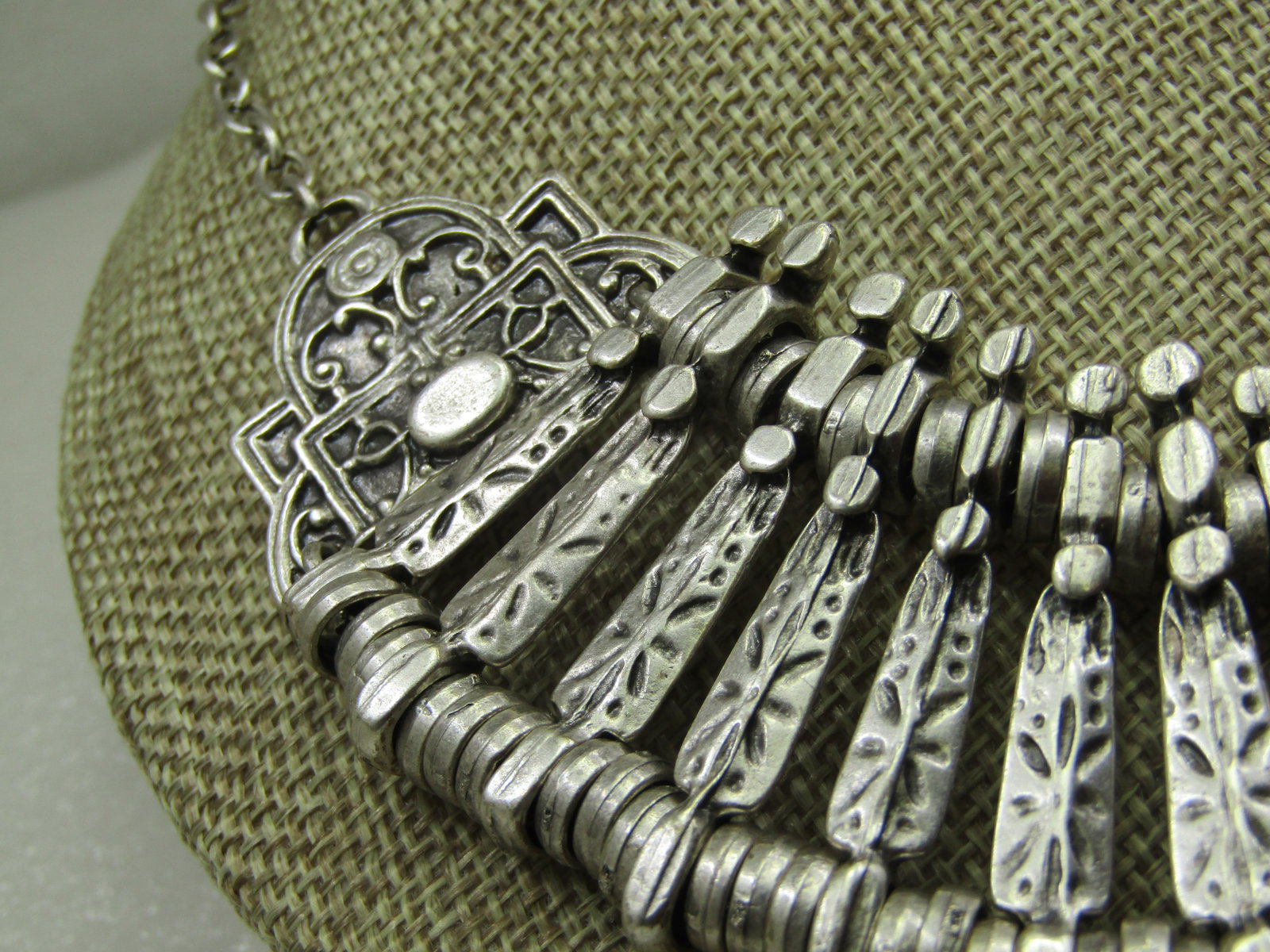Vintage Silver Tone Bib Necklace, 19", Hook Clasp - 3