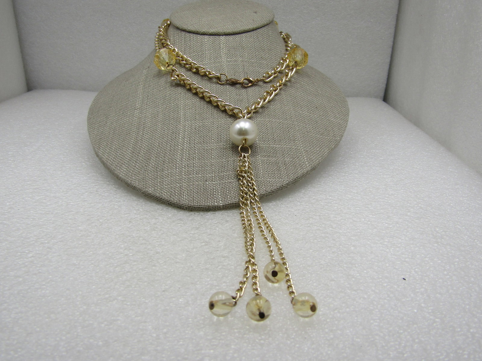 Vintage Faux Pearl Yellow Crackle Tassel Necklace, 28" (1 of 7)