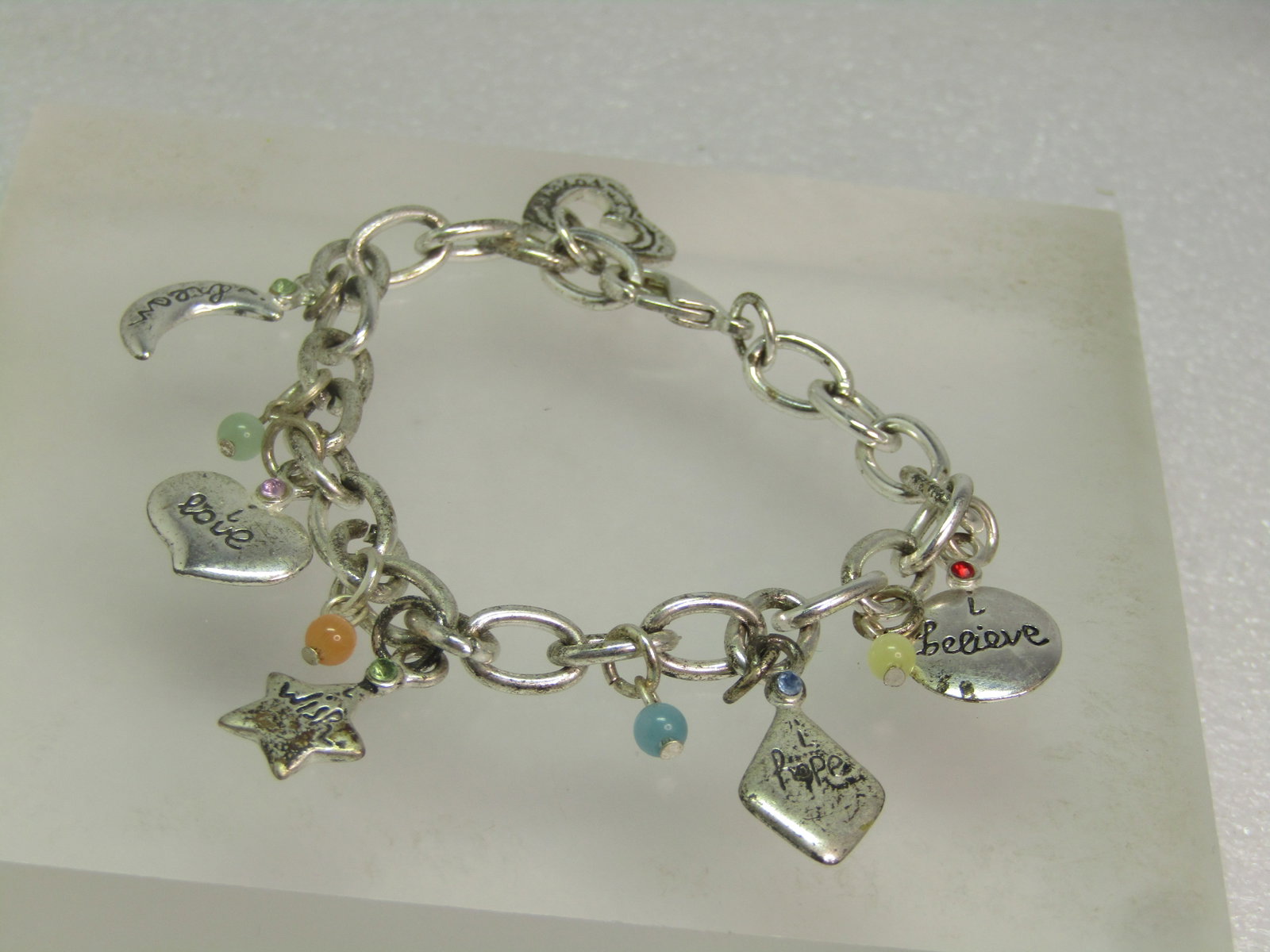 Vintage Inspirational Worded Charm Bracelet, 8", Heart Toggle, 1990's - 2