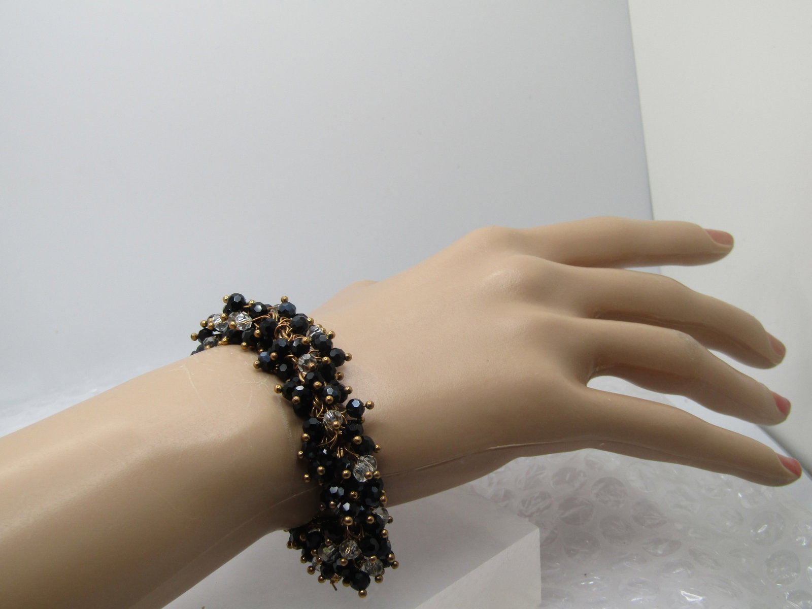Vintage Black & Clear Crystal Ankle Bracelet, 10", 1980's-1990's - 6