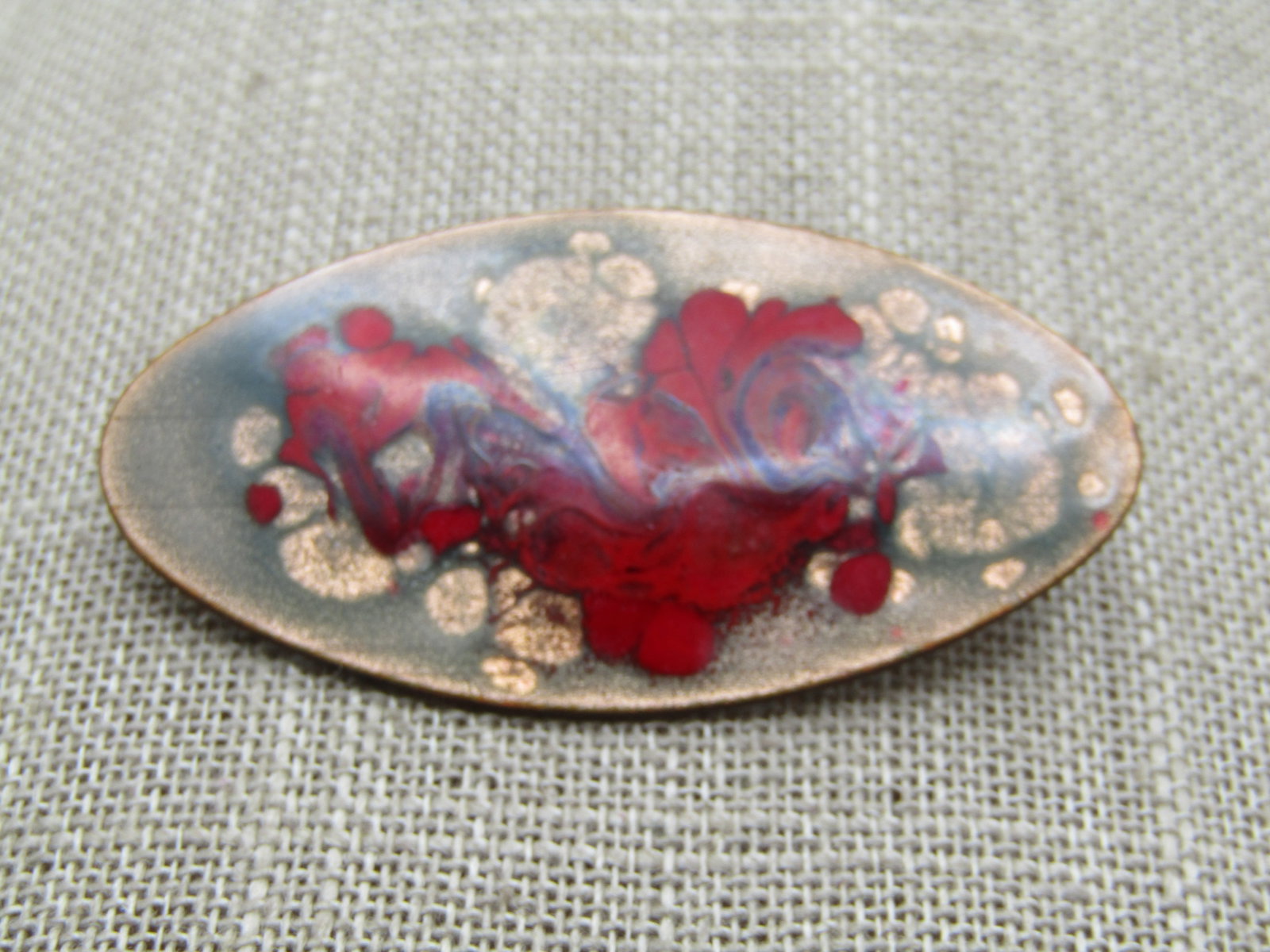 Vintage Enameled Over Copper Brooch, Swirled Red, 1960's-1970's (1 of 5)