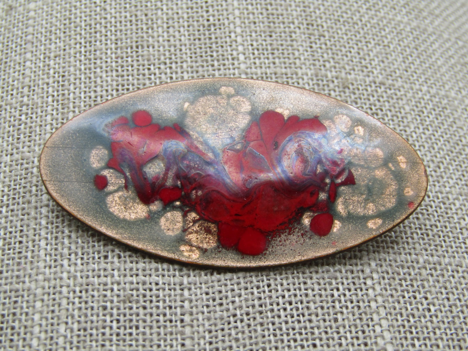 Vintage Enameled Over Copper Brooch, Swirled Red, 1960's-1970's - 2