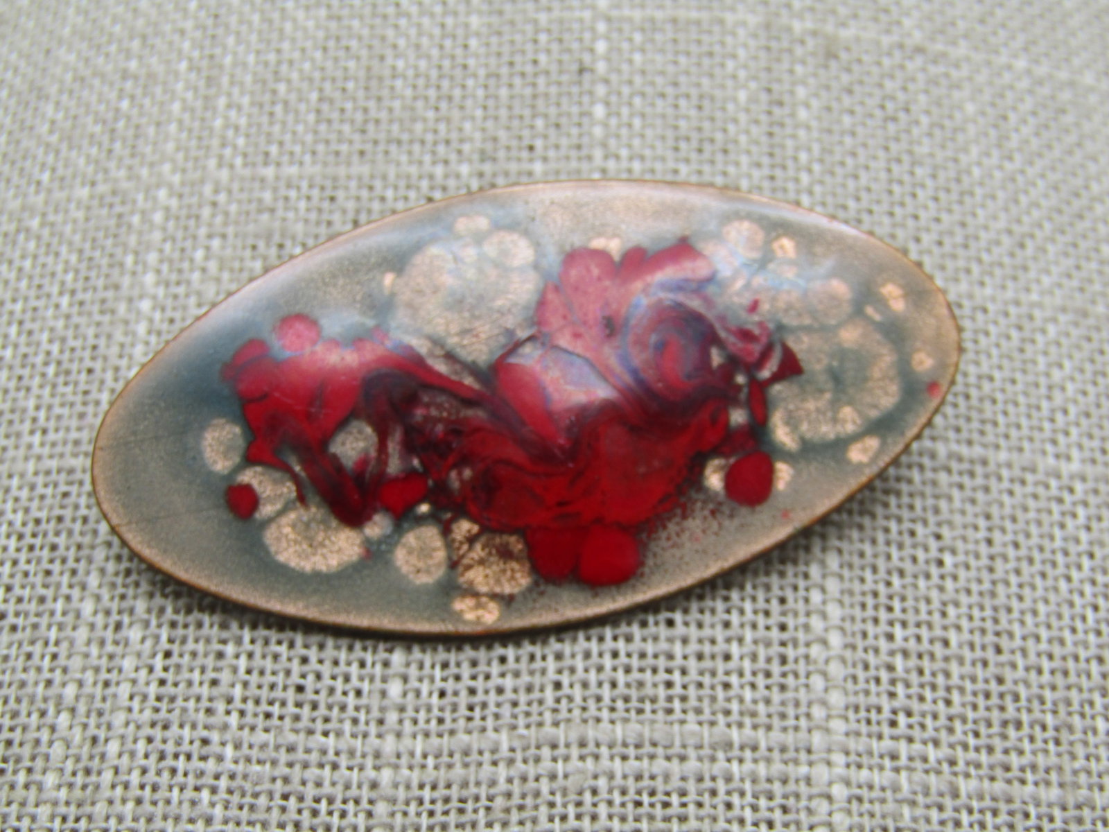 Vintage Enameled Over Copper Brooch, Swirled Red, 1960's-1970's - 3
