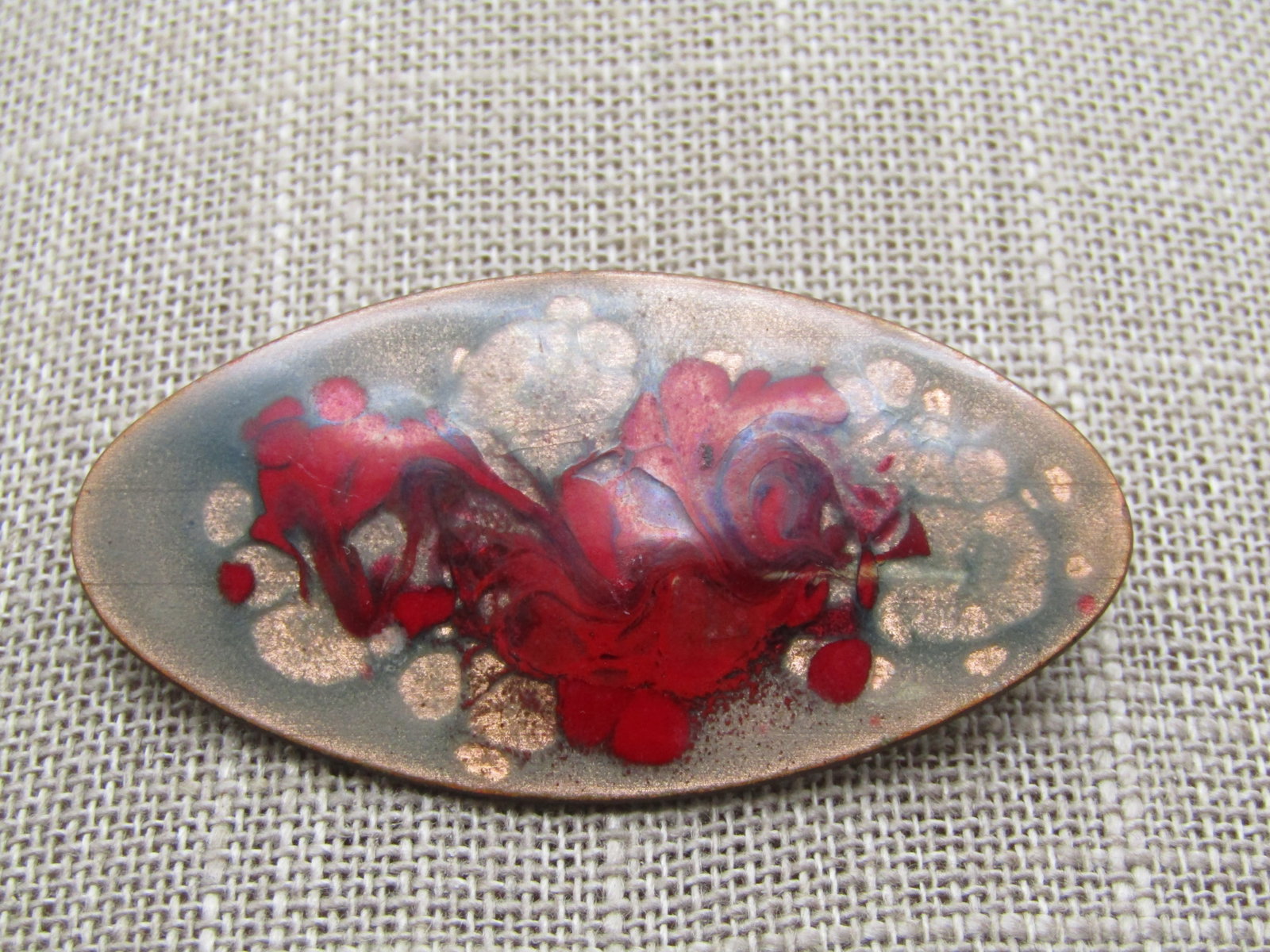 Vintage Enameled Over Copper Brooch, Swirled Red, 1960's-1970's - 5