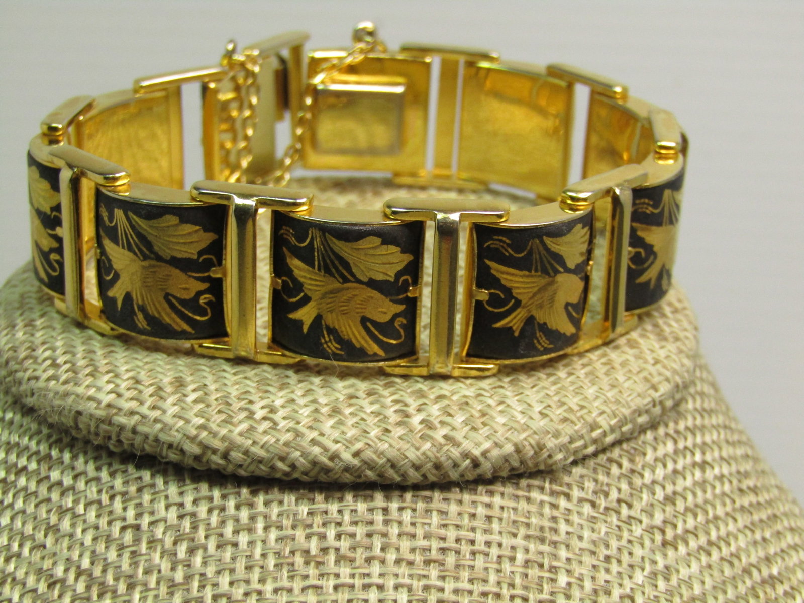 Vintage Damascene Bird Link Bracelet, 7", Safety Chain, 1960's-1970's (1 of 6)