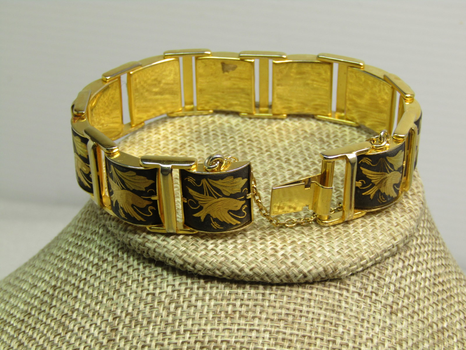 Vintage Damascene Bird Link Bracelet, 7", Safety Chain, 1960's-1970's - 2