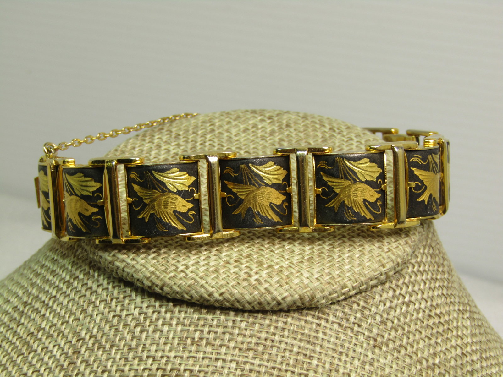 Vintage Damascene Bird Link Bracelet, 7", Safety Chain, 1960's-1970's - 3