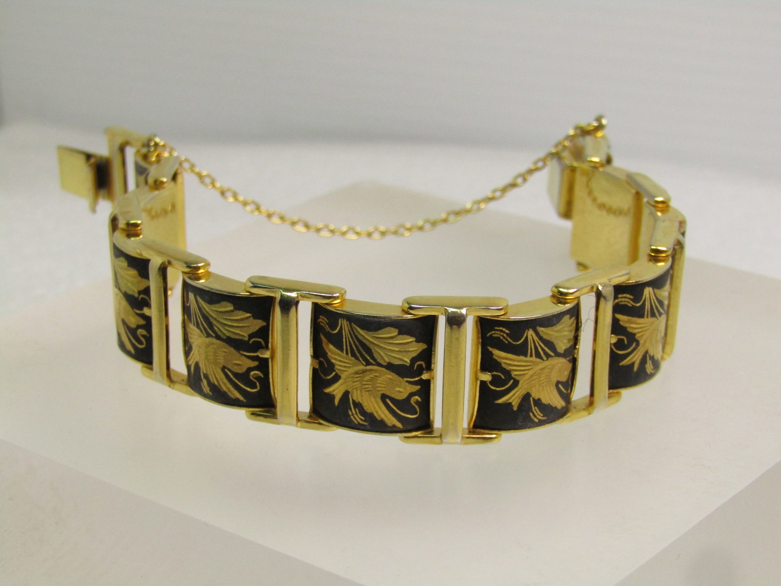Vintage Damascene Bird Link Bracelet, 7", Safety Chain, 1960's-1970's - 5
