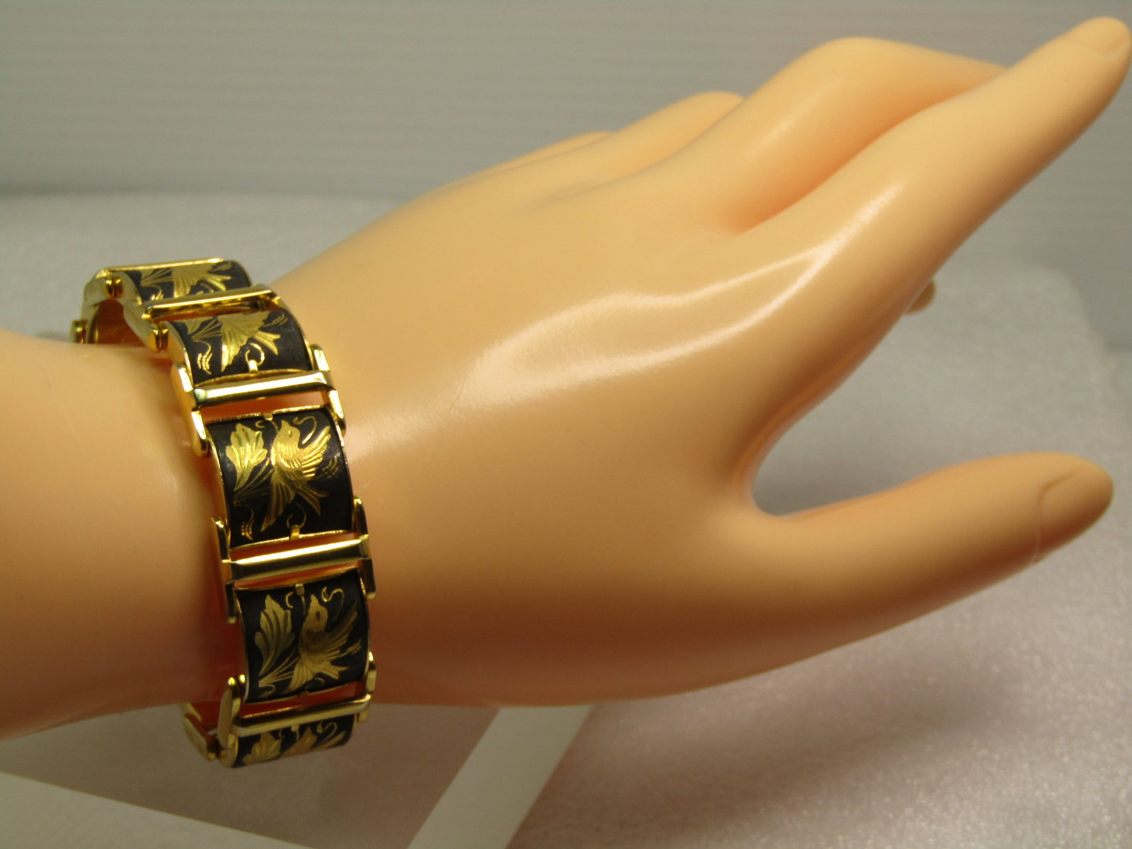 Vintage Damascene Bird Link Bracelet, 7", Safety Chain, 1960's-1970's - 6