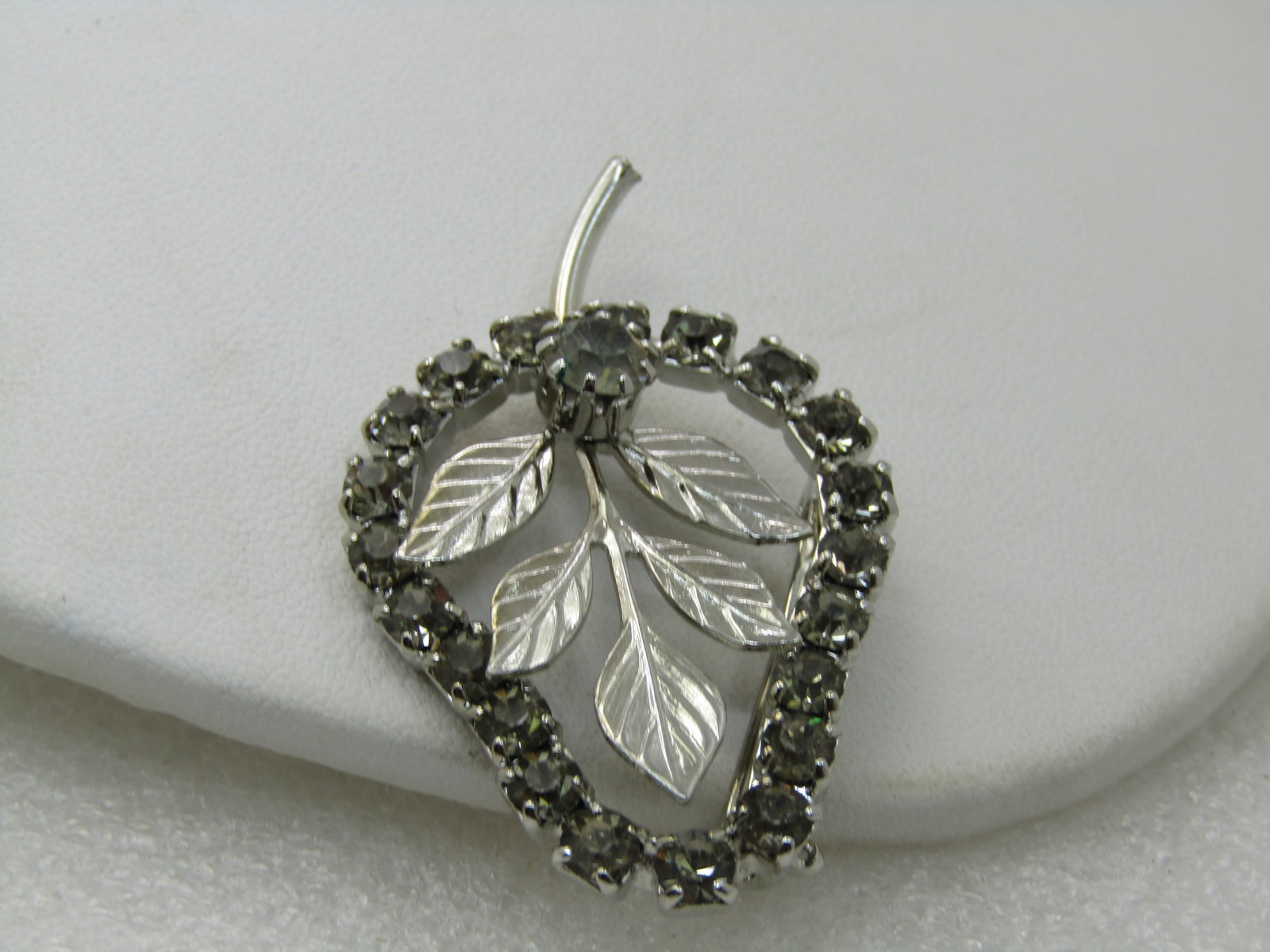 Vintage Rhinestone Pear-Shaped Brooch with Leaves, 1960's, Silver tone, 2" - 2