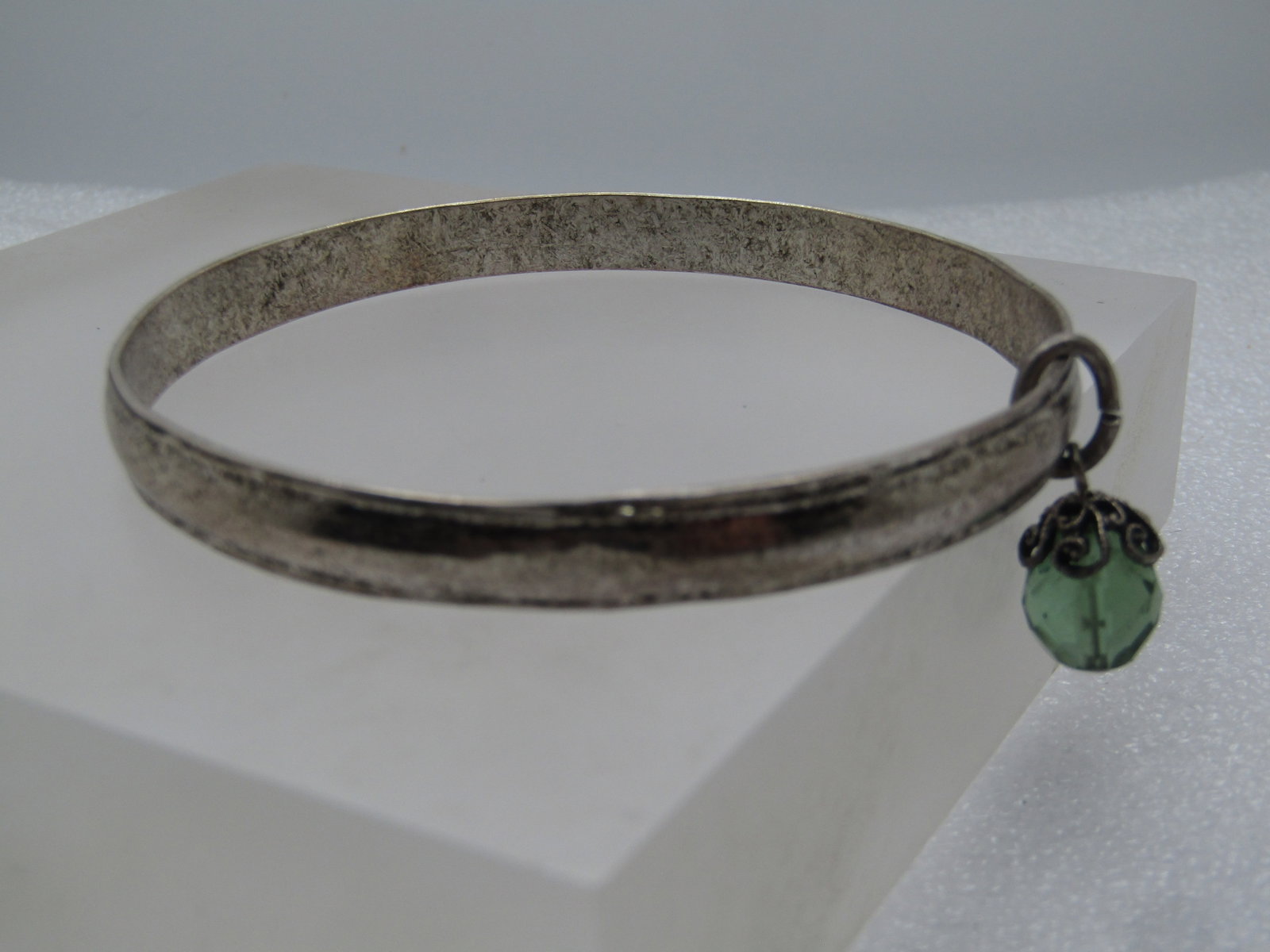 Vintage Bangle Bracelet Green Faceted Dangle, 8", 1980's-1990's - 2