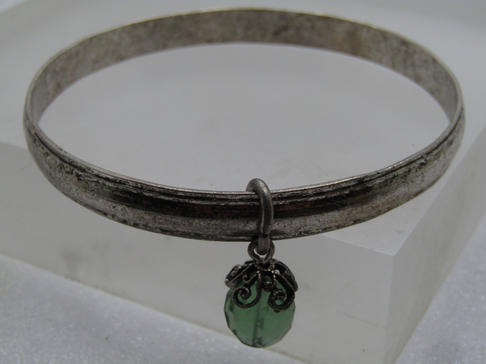 Vintage Bangle Bracelet Green Faceted Dangle, 8", 1980's-1990's - 5